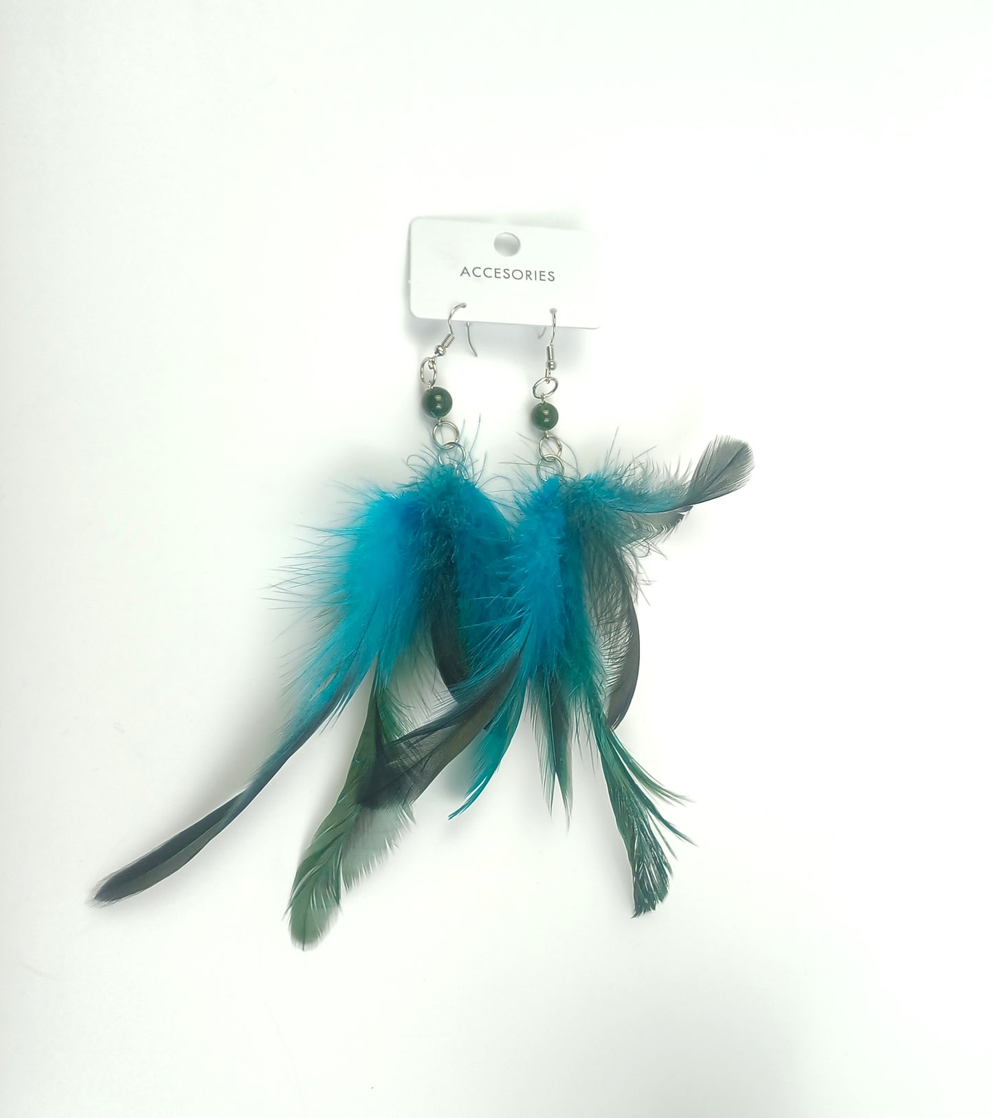 Turkuaz Doğal Tüy Küpe Çift – Boncuk Detaylı Sallantılı Küpe