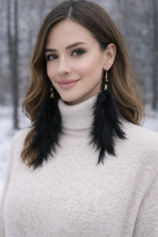 Uzun Tüy Detaylı Küpe - Siyah