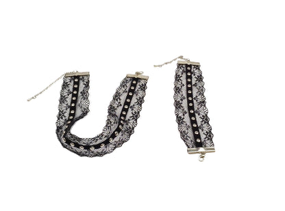 Metal Detaylı Siyah Dantel Choker ve Bileklik Seti