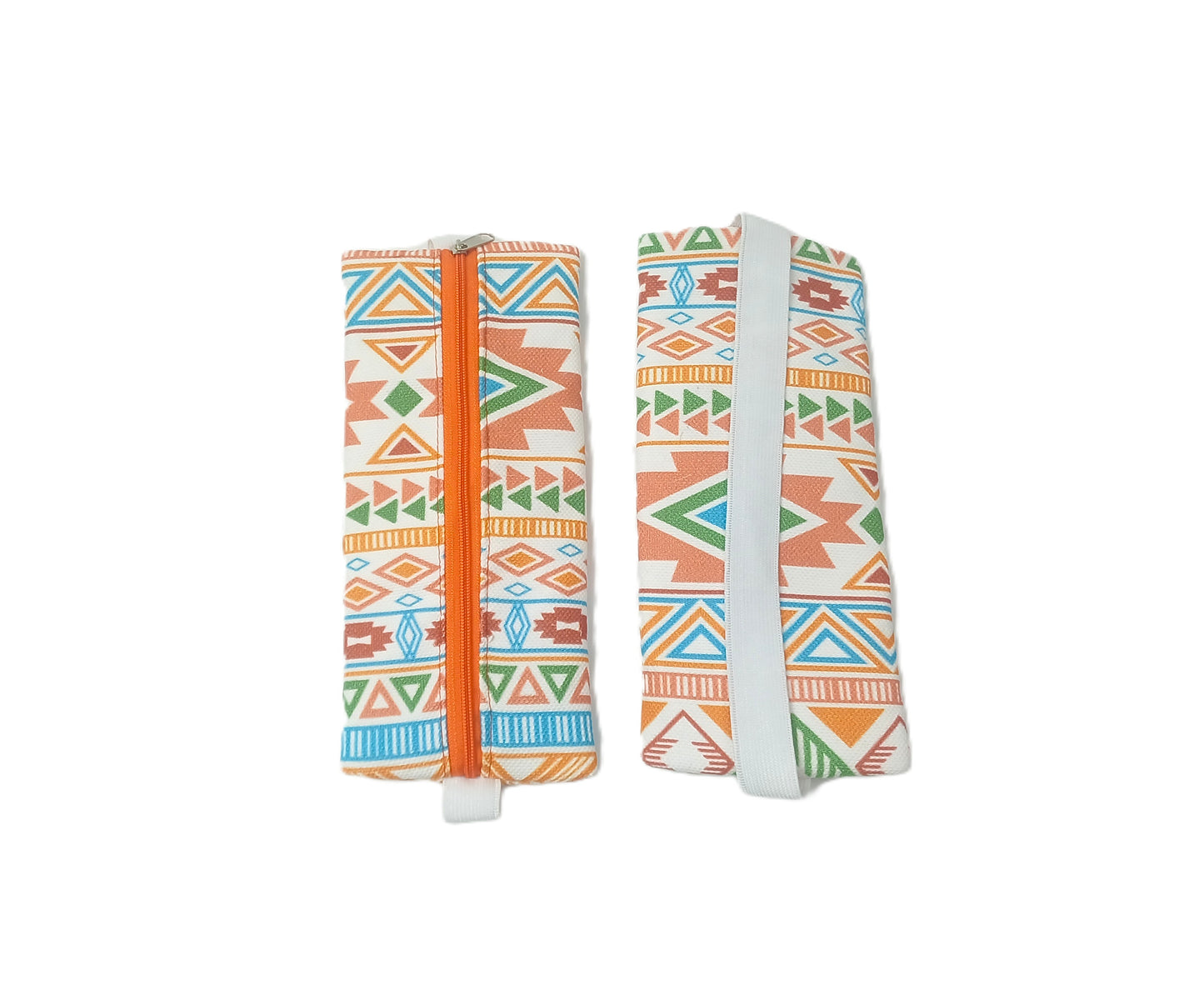 Turuncu Etnik Desenli Lastikli Defter Üstü Kalemlik – Dijital Baskılı Kumaş