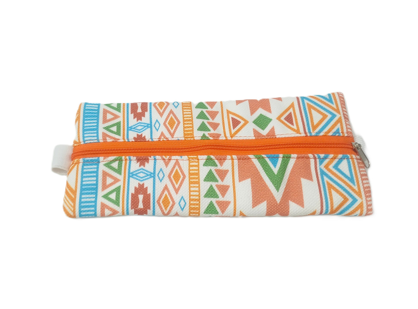 Turuncu Etnik Desenli Lastikli Defter Üstü Kalemlik – Dijital Baskılı Kumaş