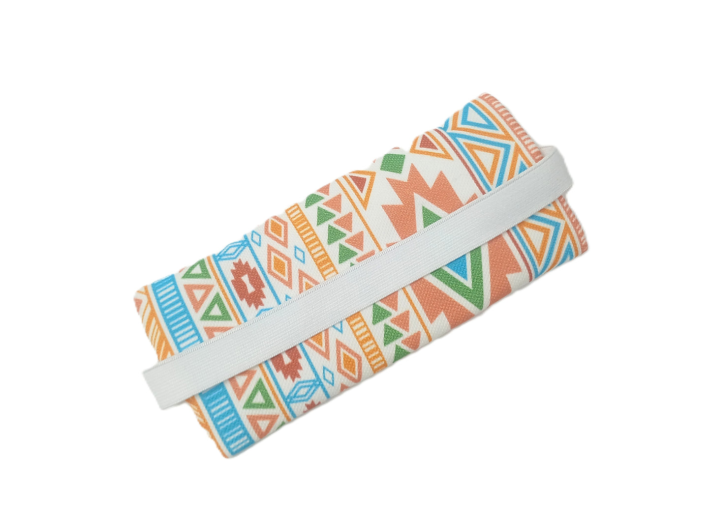 Turuncu Etnik Desenli Lastikli Defter Üstü Kalemlik – Dijital Baskılı Kumaş