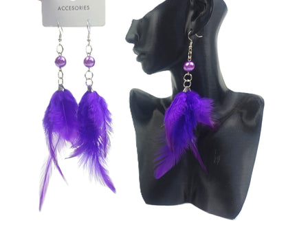 Mor Doğal Tüy Küpe Çift – Boncuk Detaylı Sallantılı Küpe