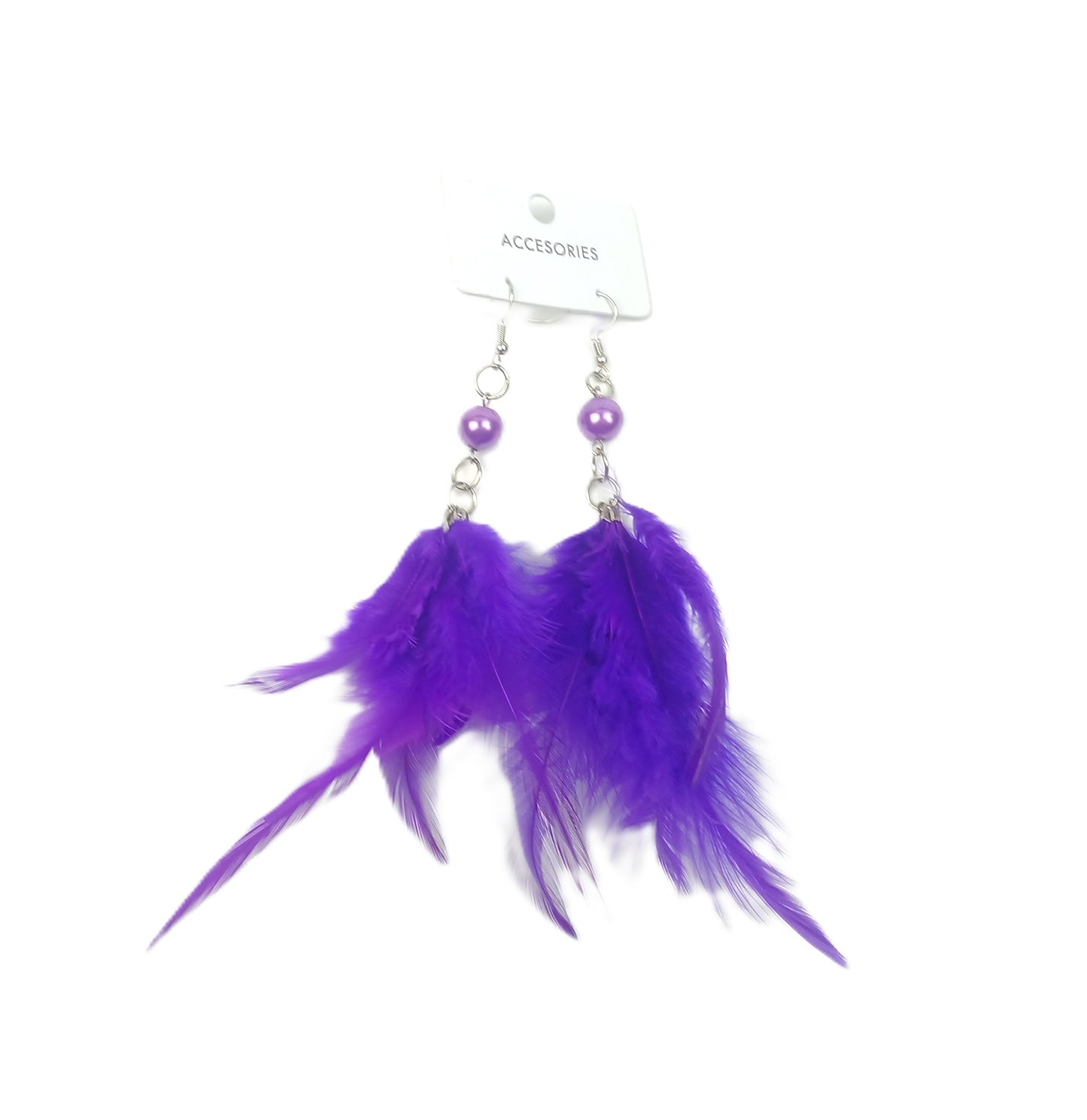 Mor Doğal Tüy Küpe Çift – Boncuk Detaylı Sallantılı Küpe