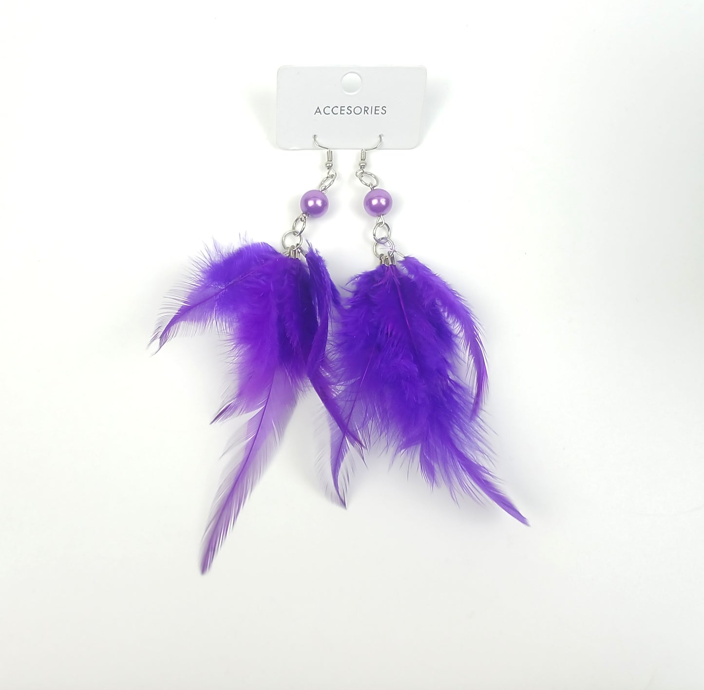 Mor Doğal Tüy Küpe Çift – Boncuk Detaylı Sallantılı Küpe