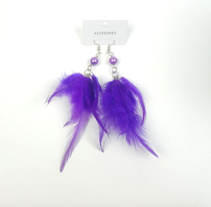 Mor Doğal Tüy Küpe Çift – Boncuk Detaylı Sallantılı Küpe