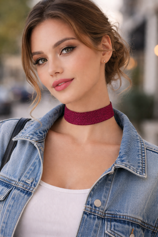 Koyu Pembe Simli Elastik Choker Kolye