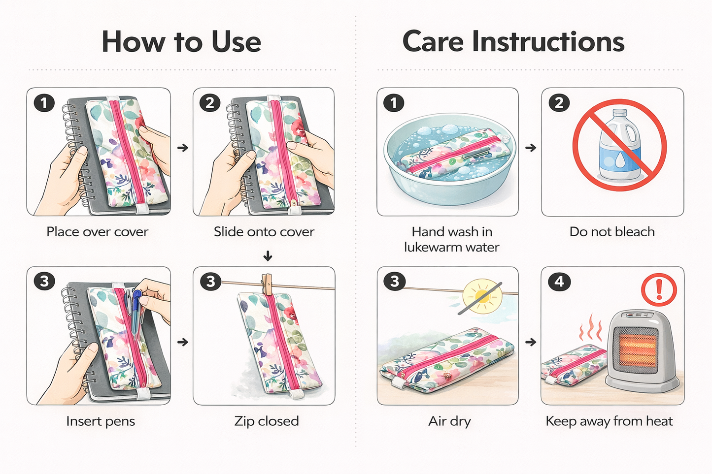 Çiçek Desenli Lastikli Defter Üstü Kalemlik – Dijital Baskılı Kumaş