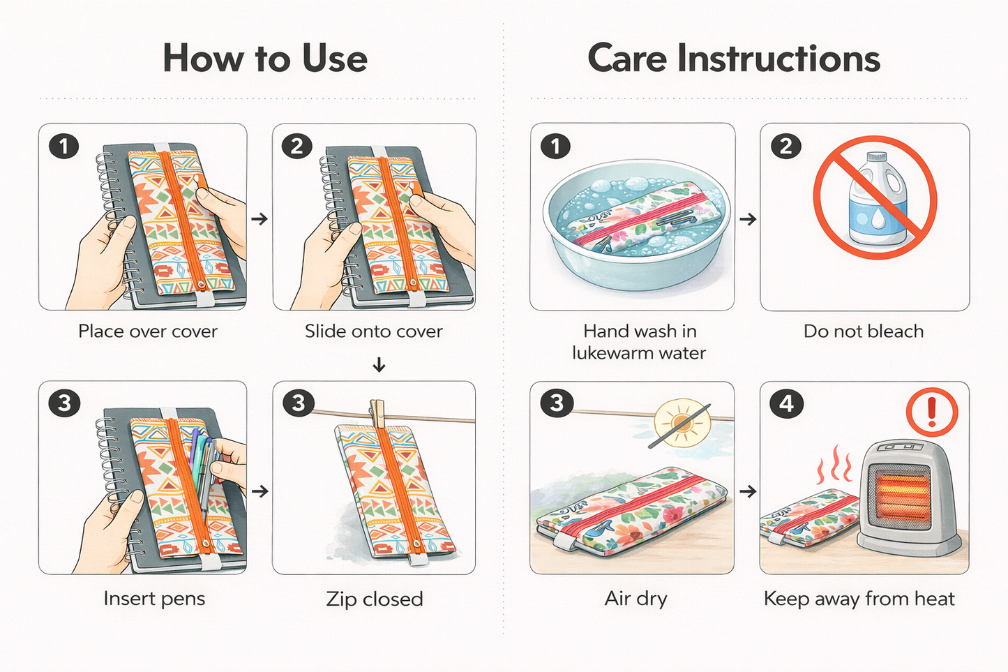 Turuncu Etnik Desenli Lastikli Defter Üstü Kalemlik – Dijital Baskılı Kumaş
