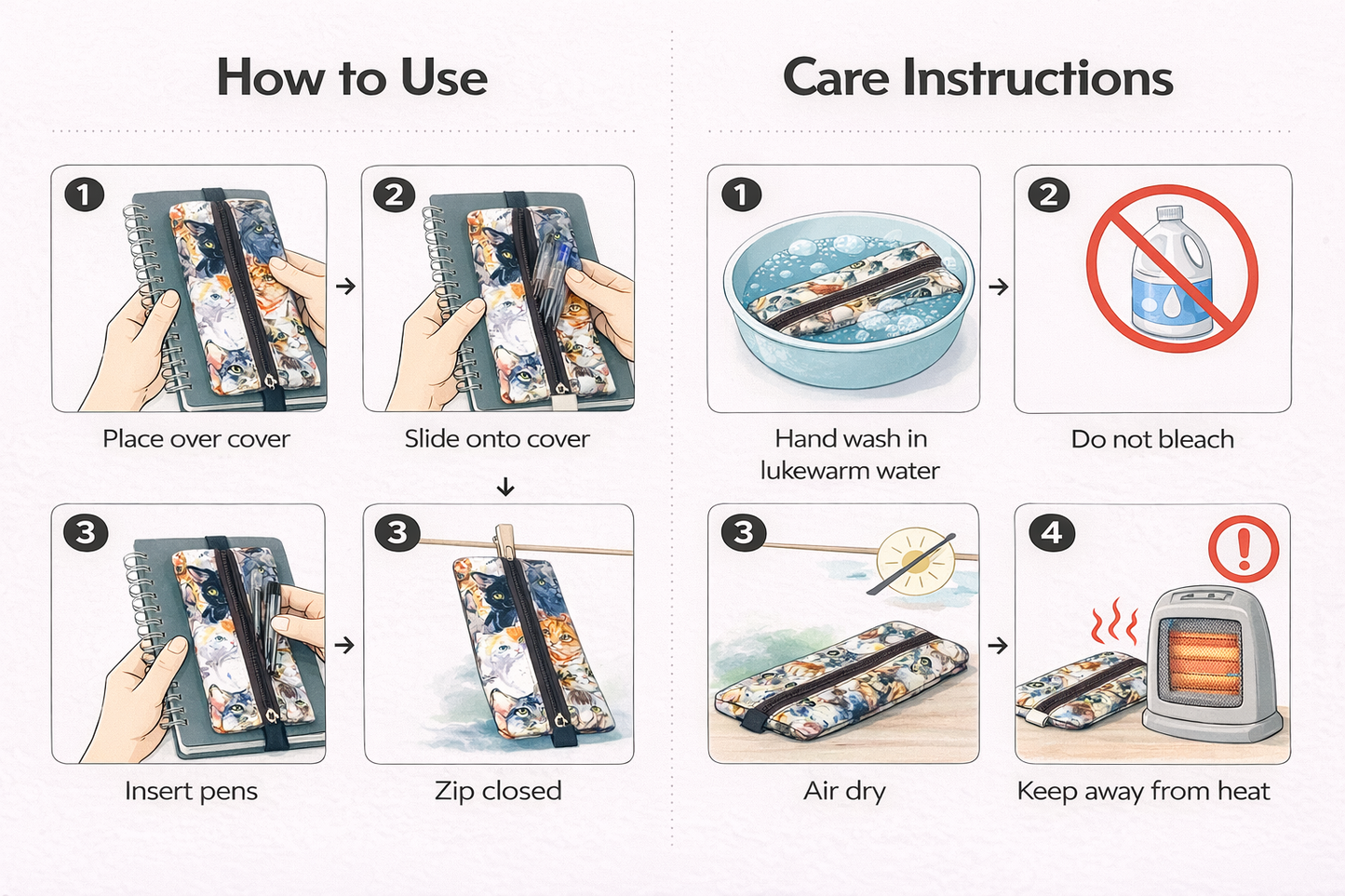 Renkli Kedi Desenli Kumaş Kalemlik – Minimal Lastikli Tasarım