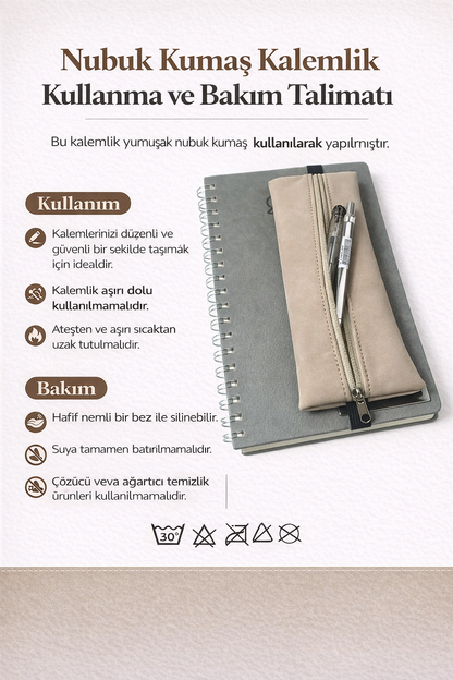 Bej Nubuk Suni Deri Defter Kalemliği – Lastikli Minimal Tasarım