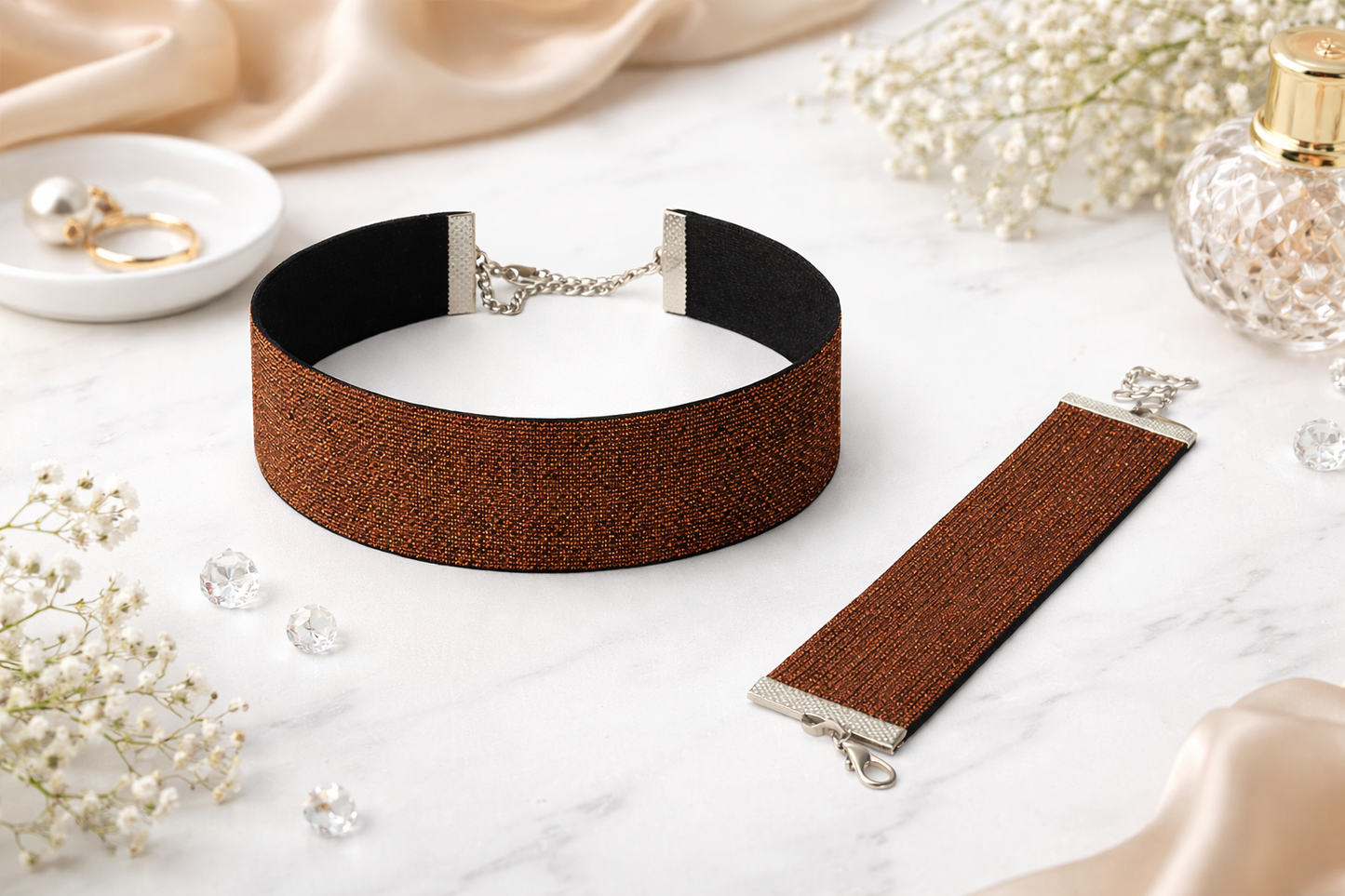 Bakır Renk Simli Choker ve Bileklik Seti - Eni 4 cm