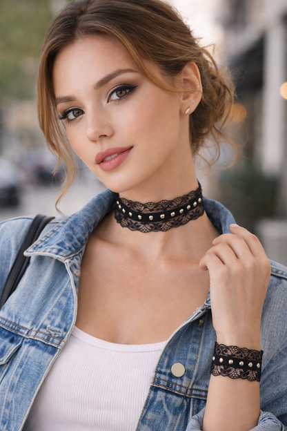 Metal Detaylı Siyah Dantel Choker ve Bileklik Seti