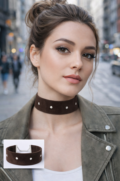 Metal Detaylı Süet Choker Kolye – Acı Kahverengi 4 cm Geniş
