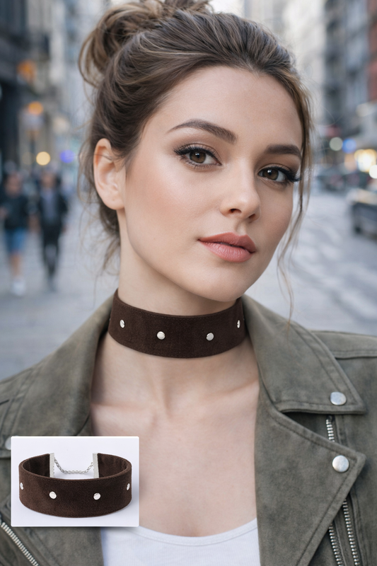 Metal Detaylı Süet Choker Kolye – Acı Kahverengi 4 cm Geniş