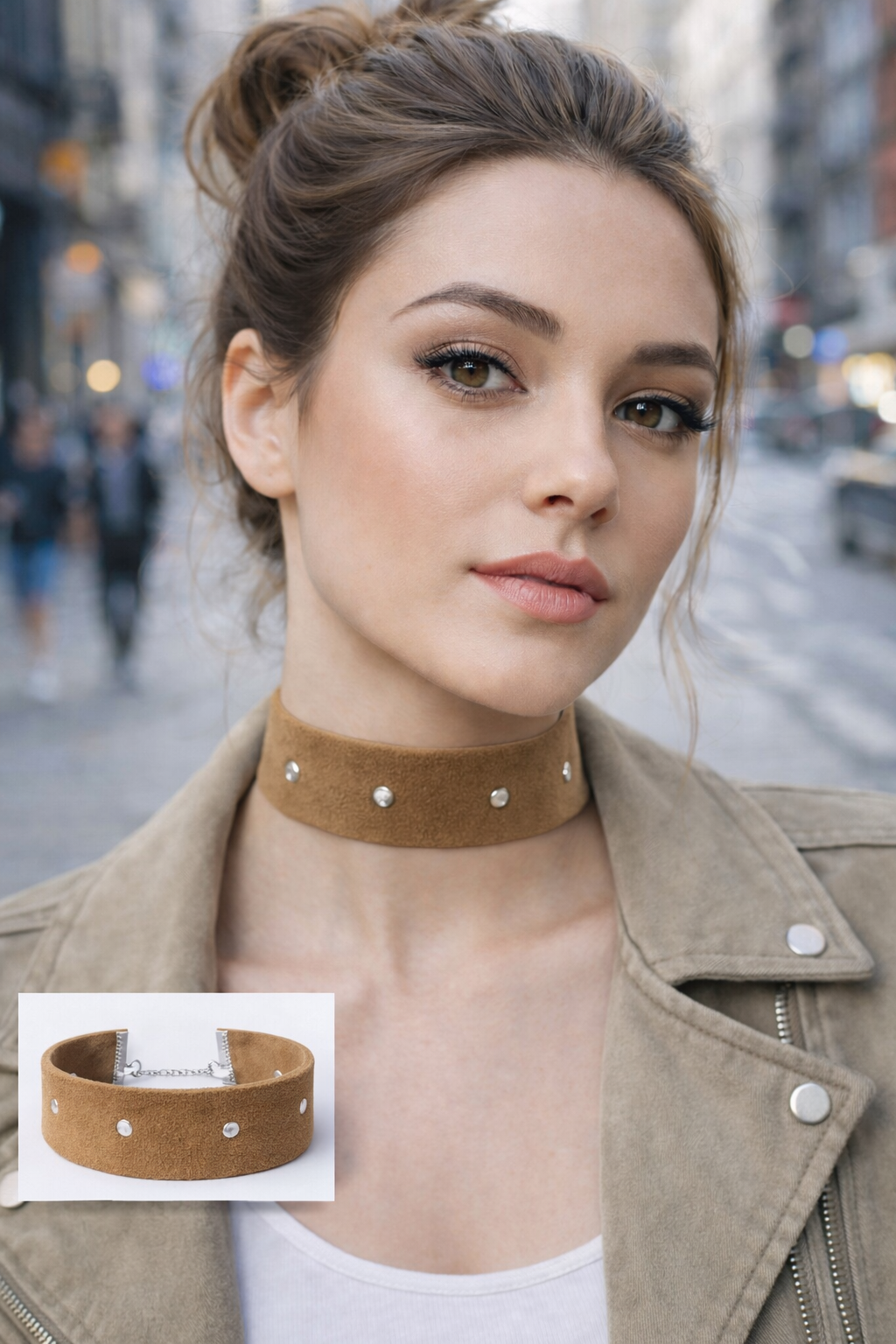 Camel Metal Detaylı Süet Choker Kolye – 4 cm