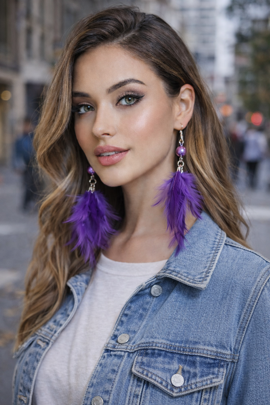 Mor Doğal Tüy Küpe Çift – Boncuk Detaylı Sallantılı Küpe