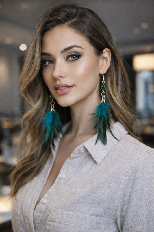 Turkuaz Doğal Tüy Küpe Çift – Boncuk Detaylı Sallantılı Küpe