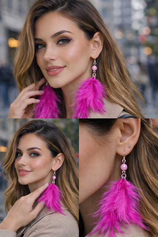 Fuşya Doğal Tüy Küpe Çift – Pembe Boncuk Detaylı Uzun Sallantılı Küpe