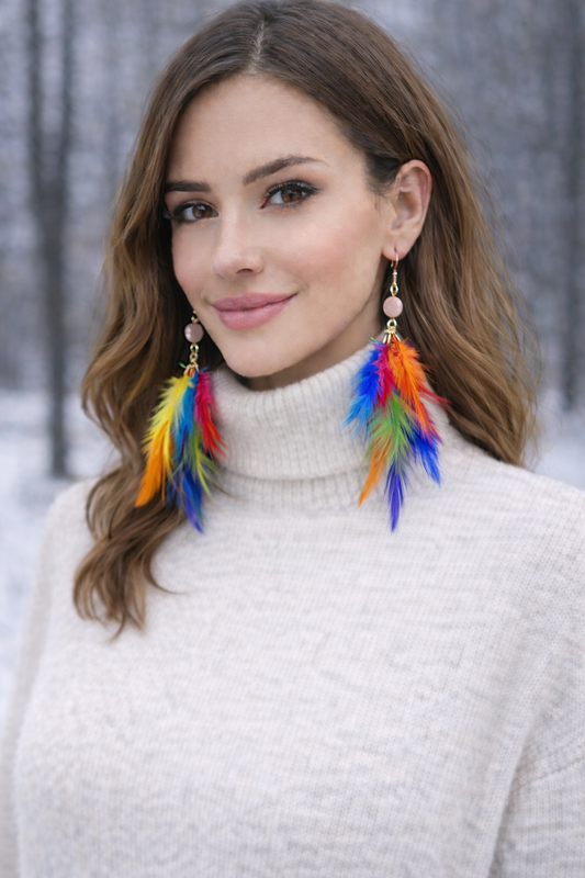 Uzun Tüy Detaylı Küpe - Çok Renkli