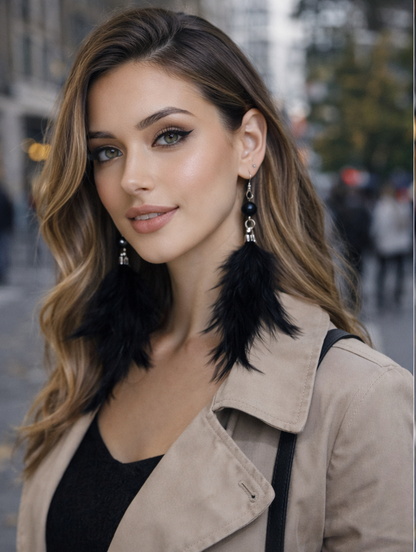 Uzun Tüy Detaylı Küpe - Siyah