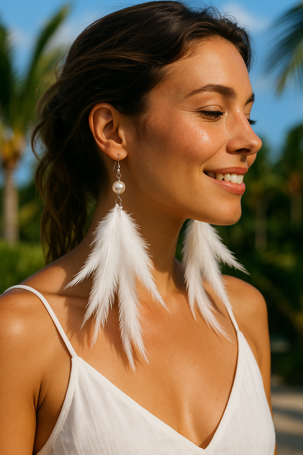 Uzun Tüy Detaylı Küpe - Beyaz