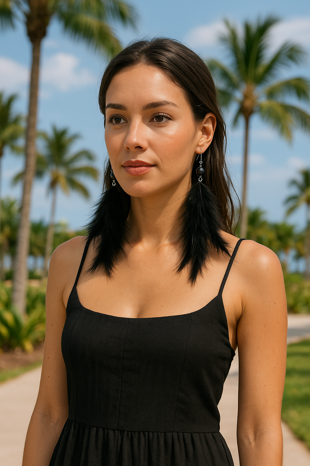 Uzun Tüy Detaylı Küpe - Siyah