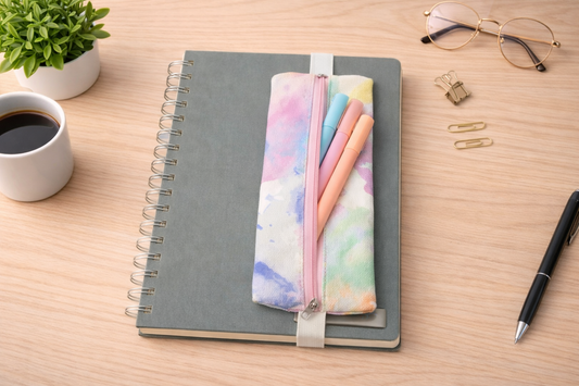 Sulu Boya Desenli Defter Üstü Kalemlik – Beyaz Lastikli Fermuarlı