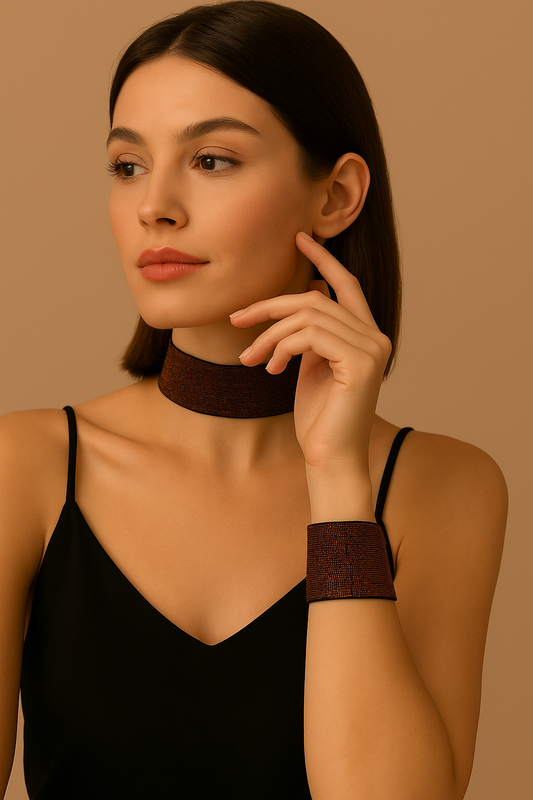 Bakır Renk Simli Choker ve Bileklik Seti - Eni 4 cm