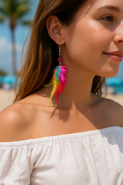 Uzun Tüy Detaylı Küpe - Çok Renkli