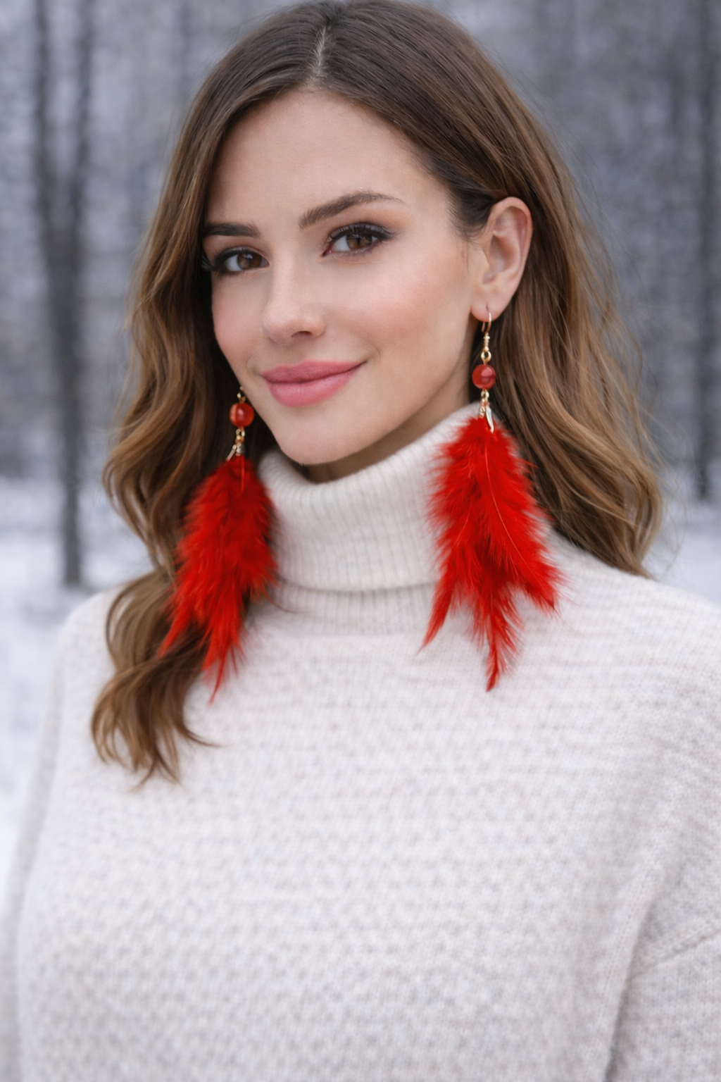 Uzun Tüy Detaylı Küpe - Kırmızı