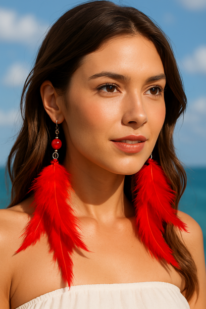 Uzun Tüy Detaylı Küpe - Kırmızı