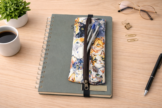 Renkli Kedi Desenli Kumaş Kalemlik – Minimal Lastikli Tasarım