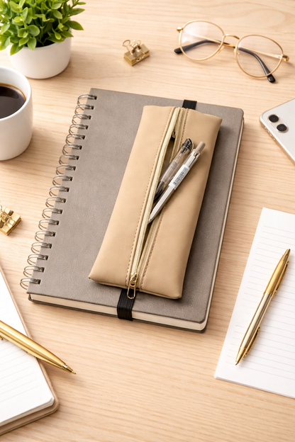 Bej Nubuk Suni Deri Defter Kalemliği – Lastikli Minimal Tasarım