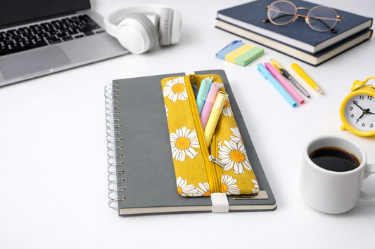 Hardal Papatya Desenli Dijital Baskı Lastikli Defter Üstü Kalemlik - Fermuarlı