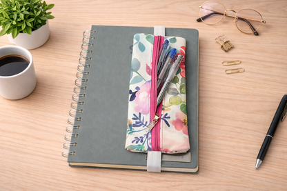 Çiçek Desenli Lastikli Defter Üstü Kalemlik – Dijital Baskılı Kumaş