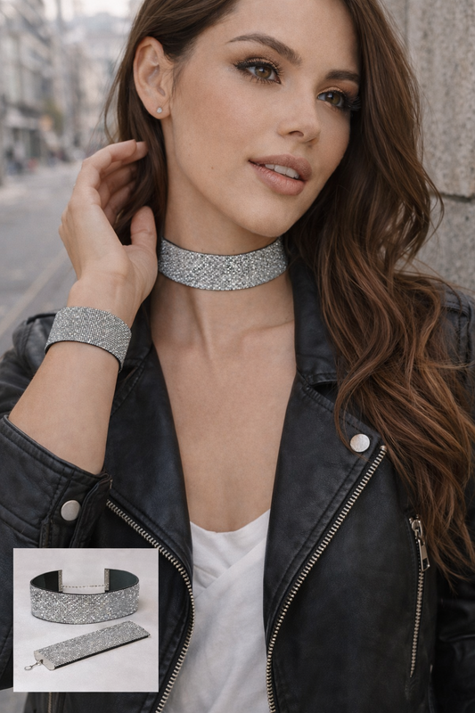 Gümüş Simli Elastik Choker ve Bileklik Set – Ayarlanabilir Lastikli Takı Seti