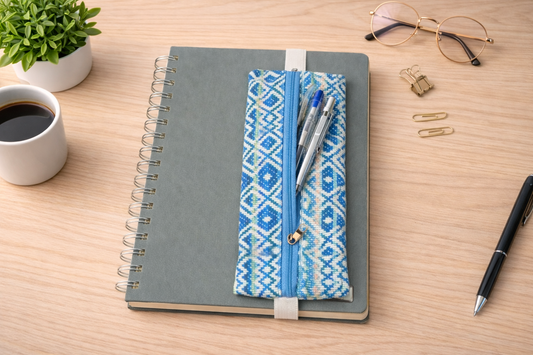 Mavi Etnik Desenli Lastikli Defter Üstü Kalemlik – Dijital Baskılı Kumaş
