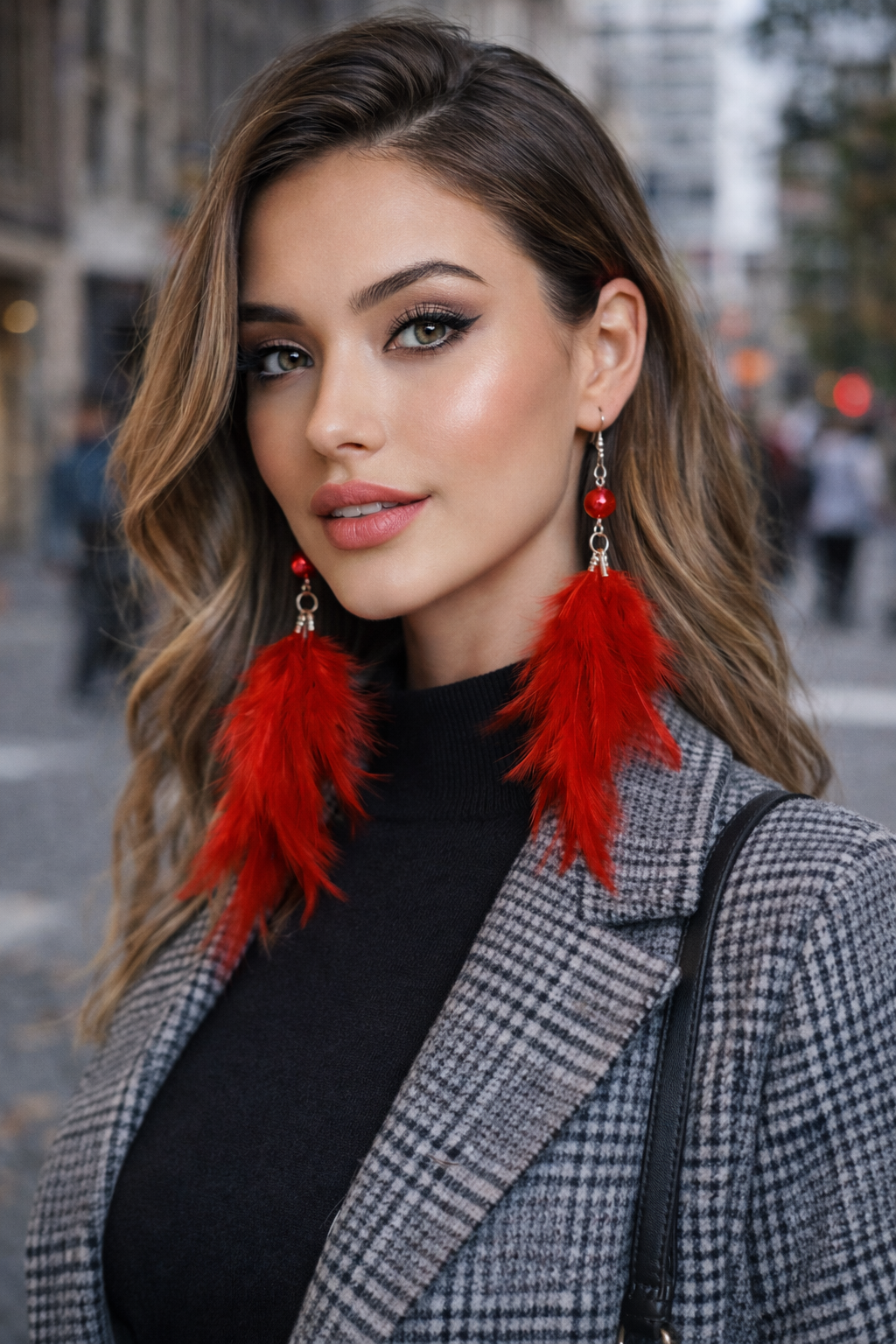 Uzun Tüy Detaylı Küpe - Kırmızı